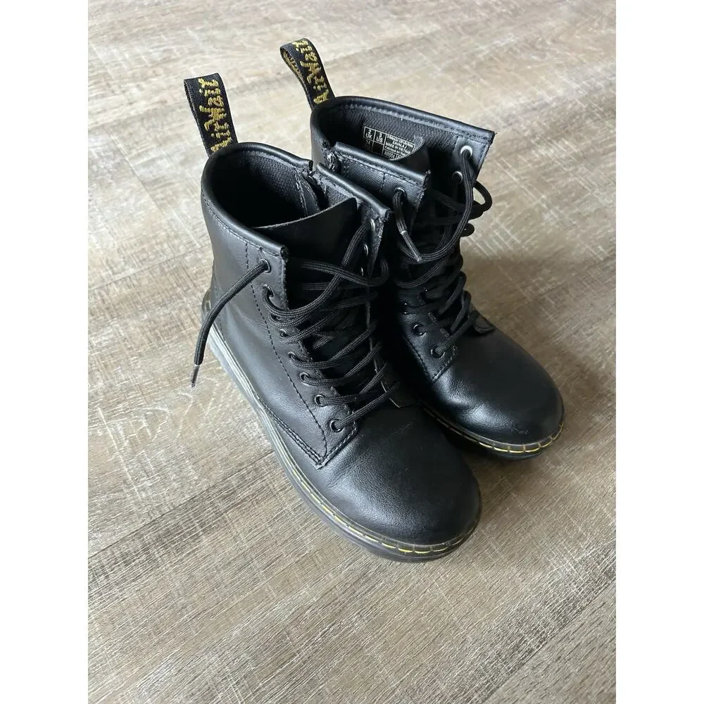 Dr Martens Zavala J Kids Black Leather Combat Boots US 3 EU 34 Side Zip